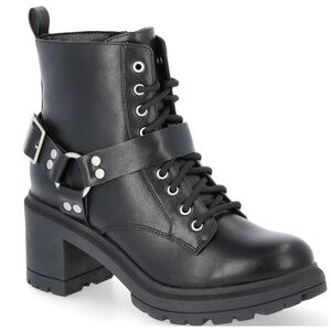 🖤No Boundaries Lace-Up Moto Boots Black Harness Block Heel Size 6